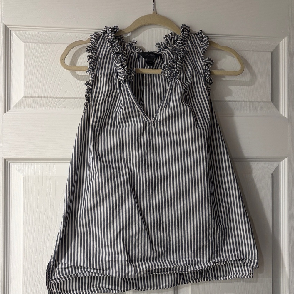J. Crew Navy and White Striped Ruffle Top
